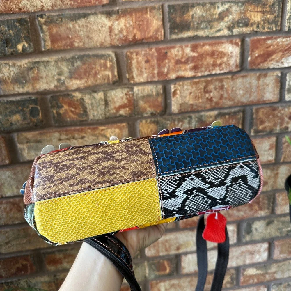 Multi Color Patchwork Leather Floral Crossbody Bag Snakeskin Embossed Rainbow